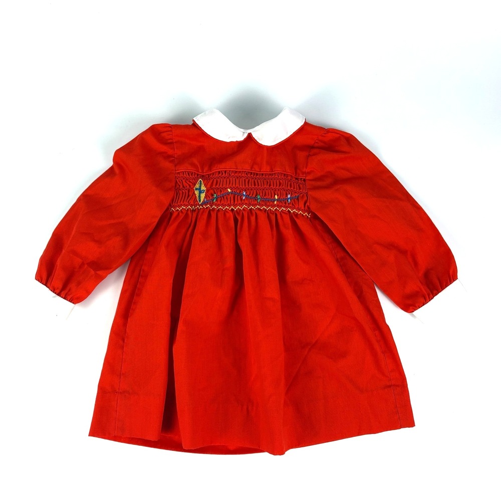 VTG Polly Flinders Smocked Embroidered Dress Sz 3T Red Kite Peter Pan Collar